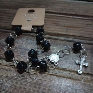 Handmade Silver and Black Beaded Bracelet with Cross Charm